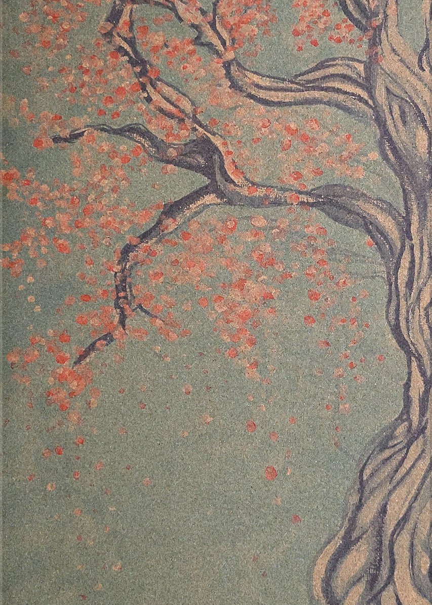 Cork yoga mat detail with a branching tree and red blossoms
