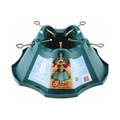 Teal metal Christmas tree stand base with hinged support arms and leveling knob