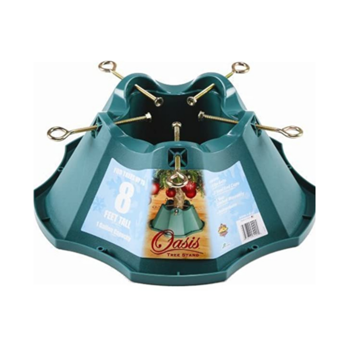Teal metal Christmas tree stand base with hinged support arms and leveling knob