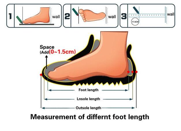 Shoe size measurement diagram with foot length, outsole length, and space guidance