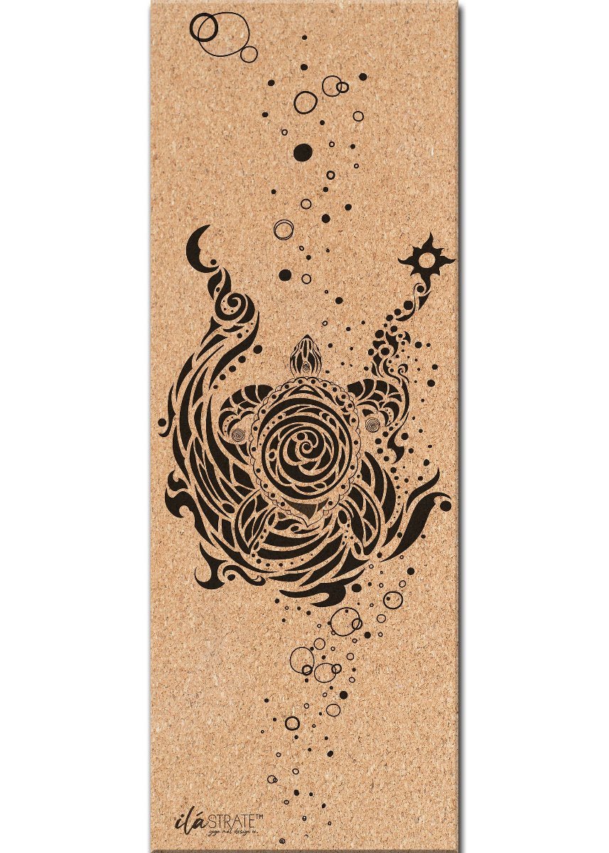 Cork yoga mat with a black turtle design and scattered bubbles