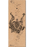 Cork yoga mat with a black turtle design and scattered bubbles