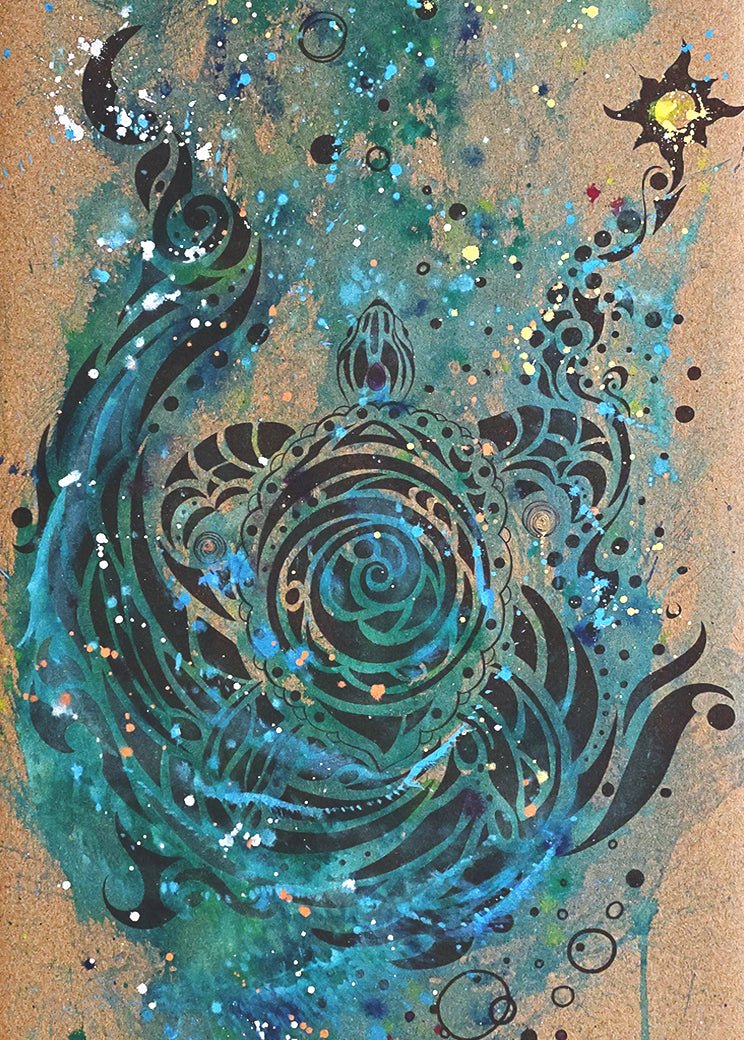 Hand-painted cork yoga mat with a swirling turtle design in blue, teal, and black