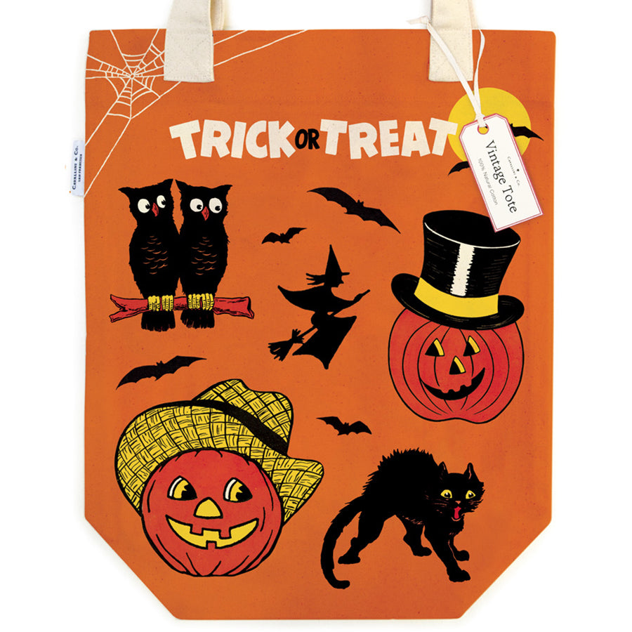 Orange Halloween canvas tote bag with “TRICK OR TREAT” and cat, bat, jack-o-lantern print