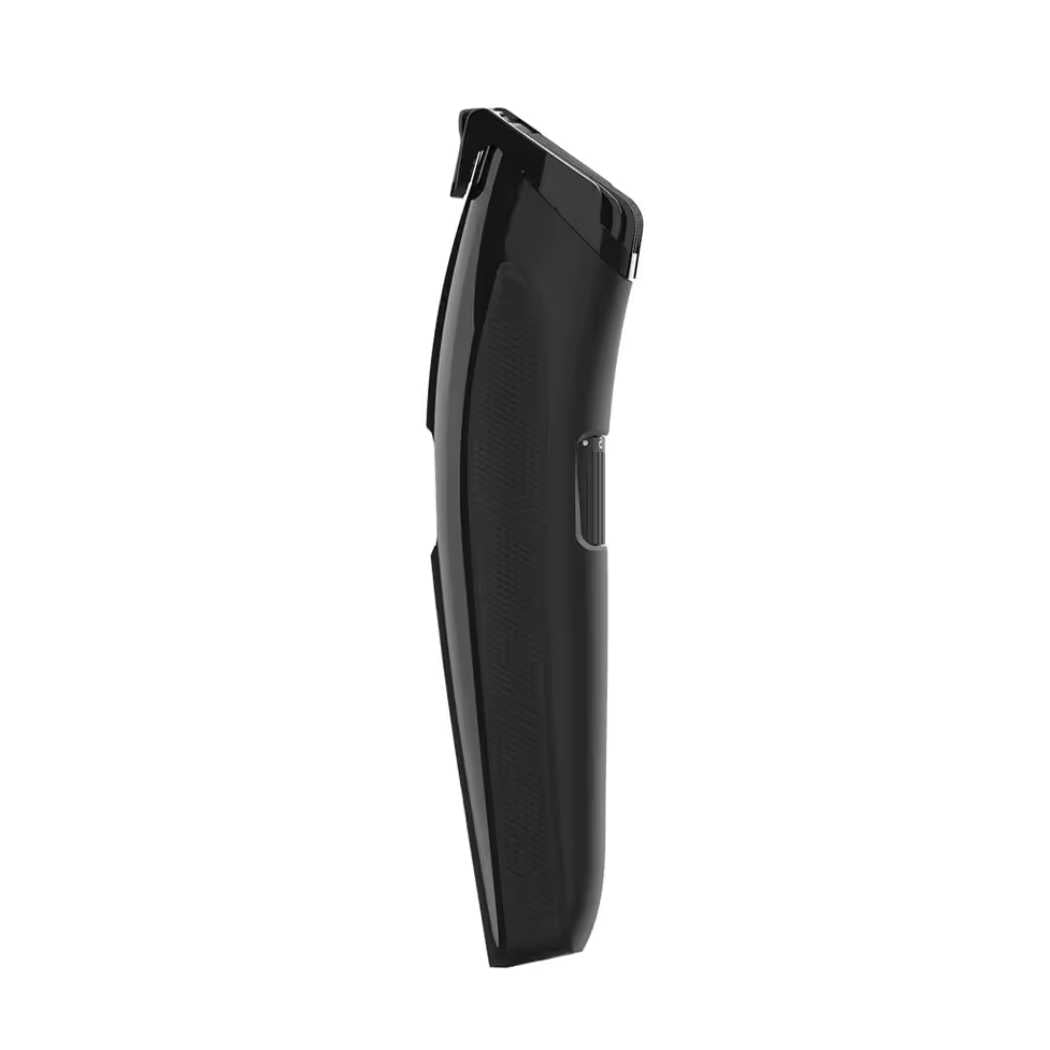 Black electric hair trimmer side view with wide cutting head and smooth body