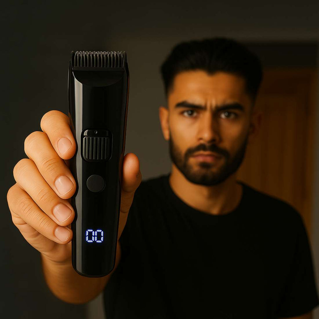 Black electric hair trimmer with blue digital screen and metal blade guard