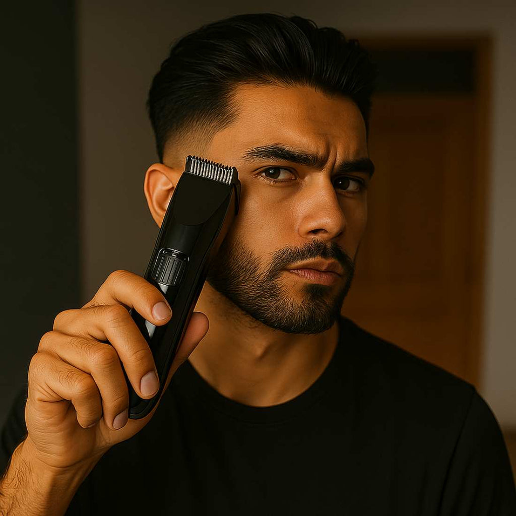 Black electric hair trimmer with side blades and handheld design