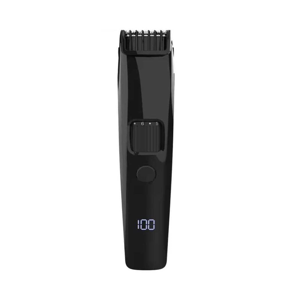 Black electric hair trimmer with digital display and adjustable cutting guard