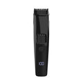 Black electric hair trimmer with digital display and adjustable cutting guard