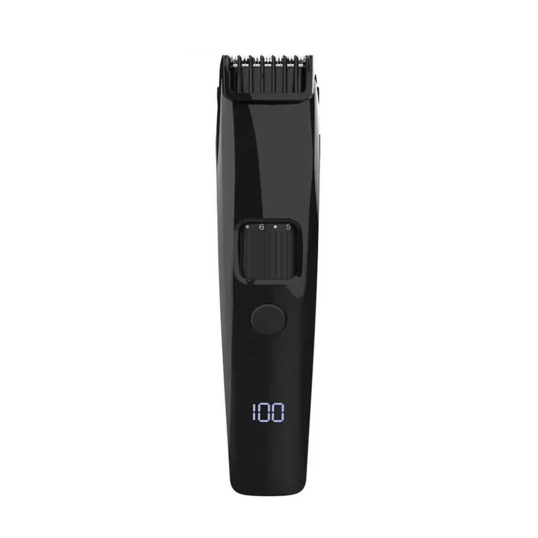 Black electric hair trimmer with digital display and adjustable cutting guard