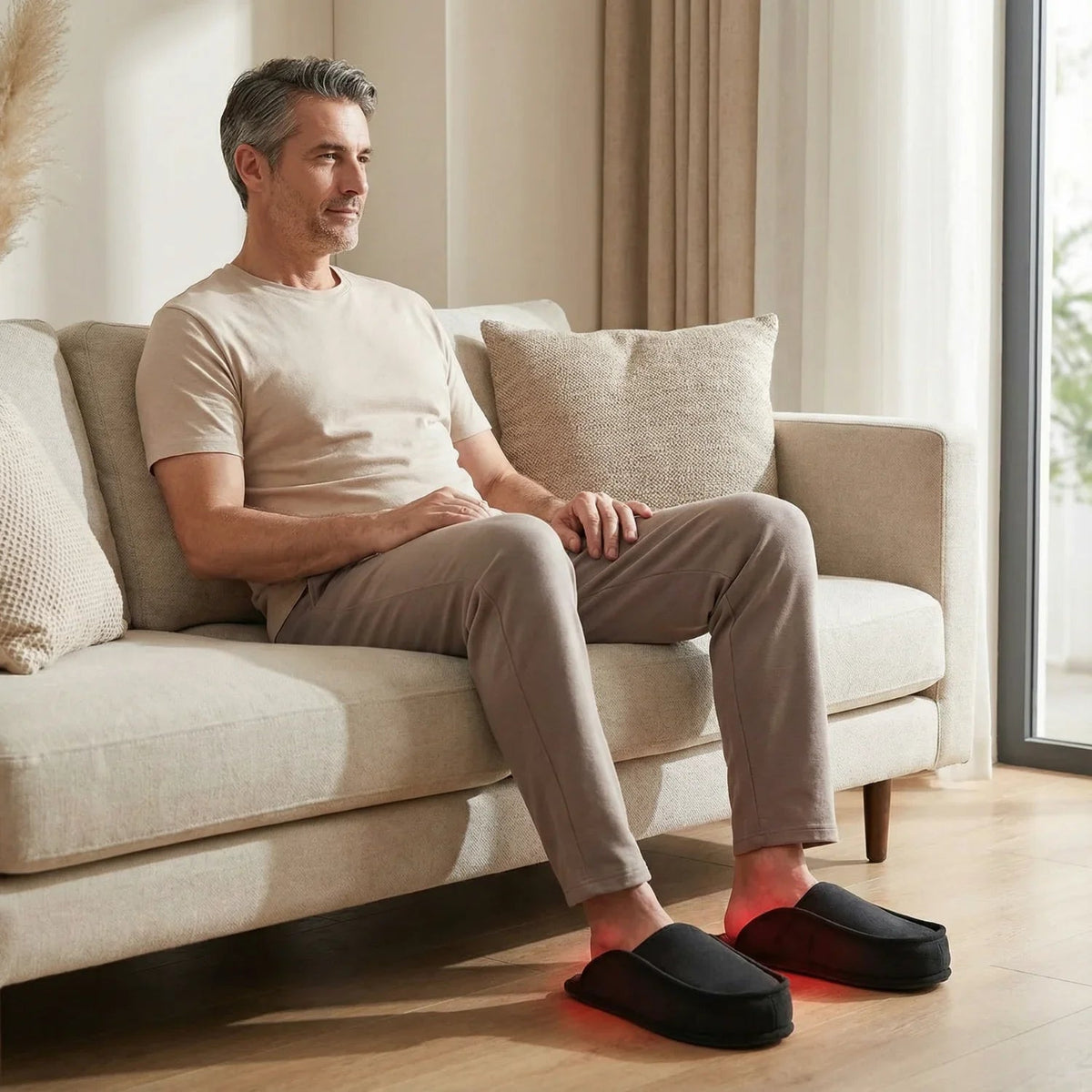 Black slippers with glowing red soles on a man seated on a sofa