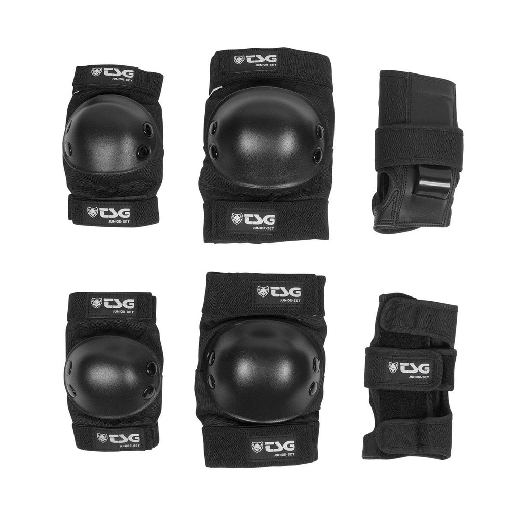 Black junior skate pad set with molded elbow, knee, and wrist guards