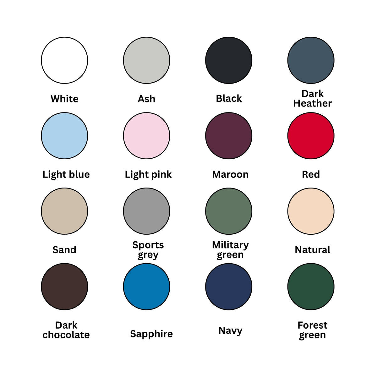 Color swatch chart for sweater options, showing White, Ash, Black, Navy and more