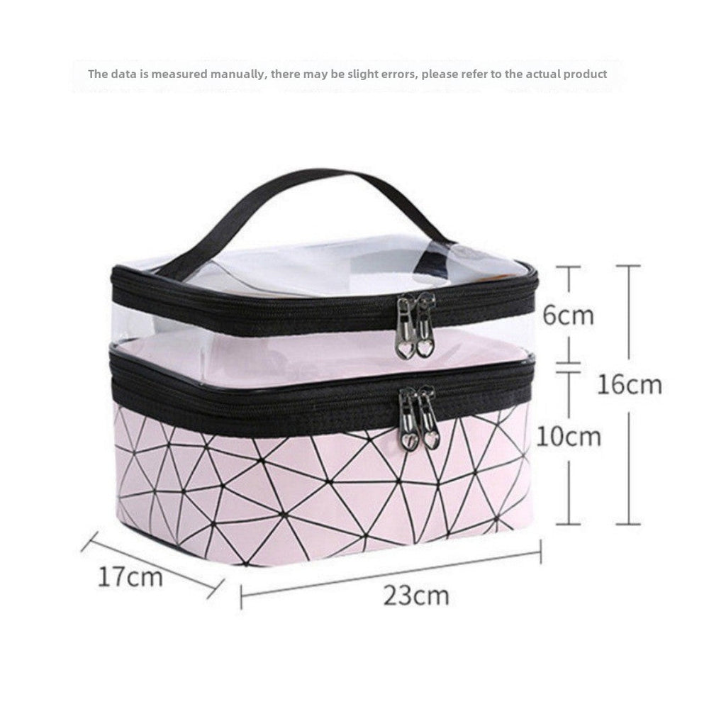 Geometric double cosmetic bag with clear top and black zippers; size diagram