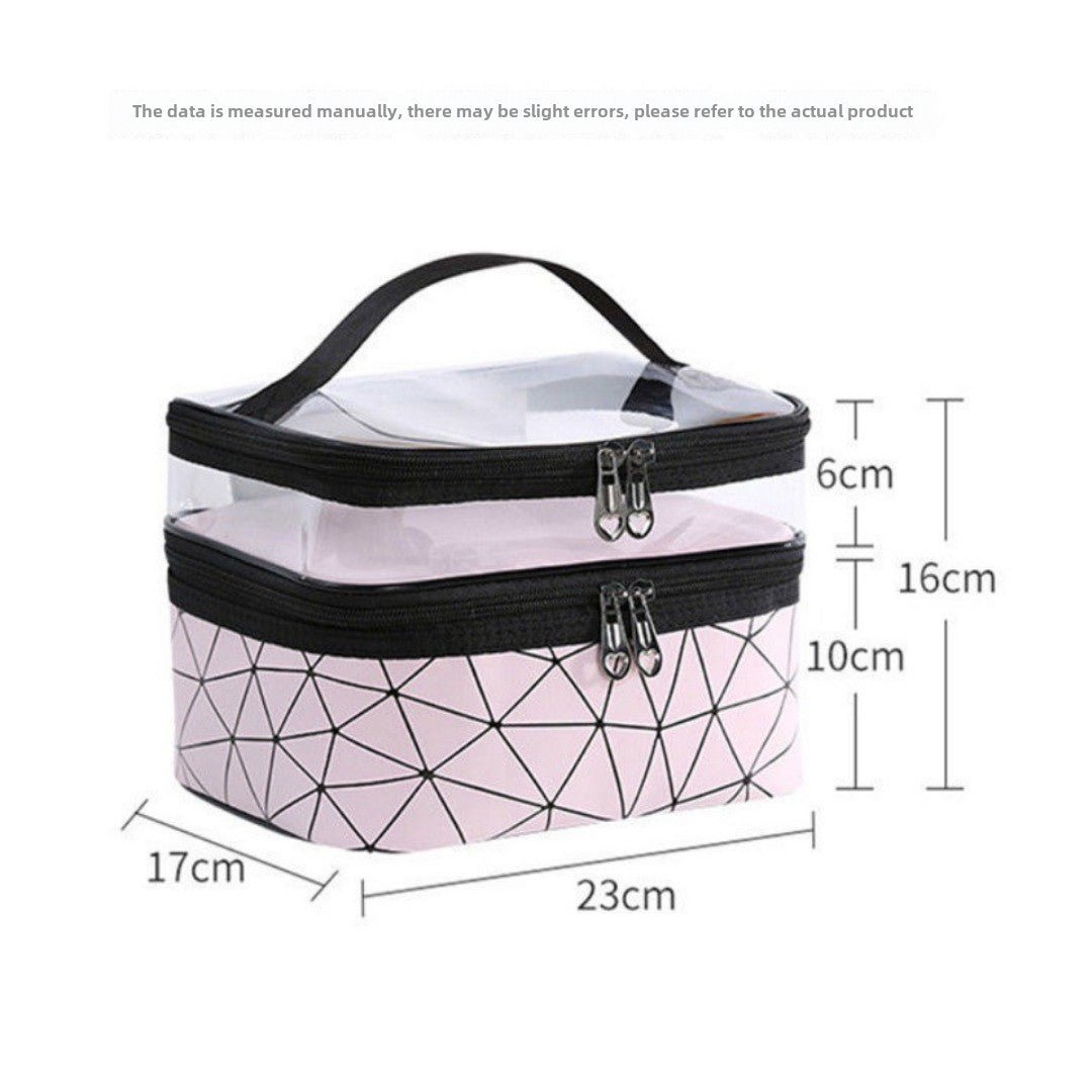 Geometric double cosmetic bag with clear top and black zippers; size diagram