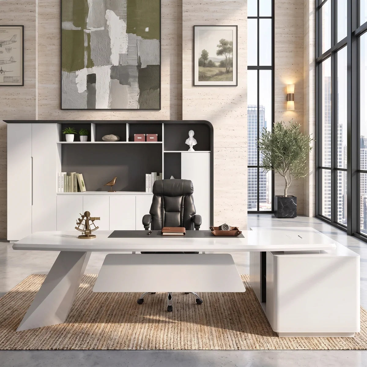 Glossy white L-shaped executive desk with built-in storage shelves and drawers