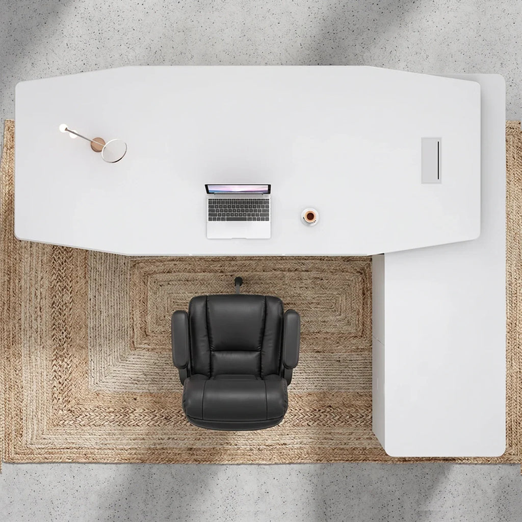 Glossy white executive L-shaped desk with built-in open shelf and cable cutout