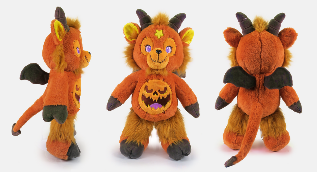 Orange plush monster bear from multiple angles, purple eyes, black horns, jack-o'-lantern belly