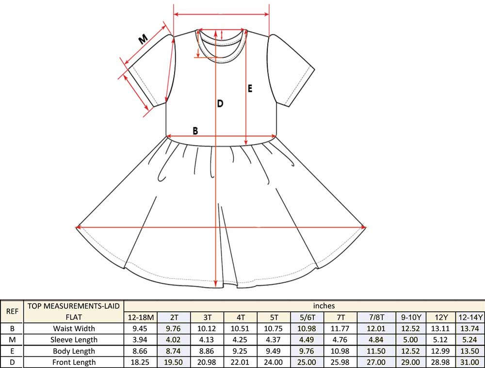 Girls light blue tulle dress size chart diagram with sleeve and length measurements