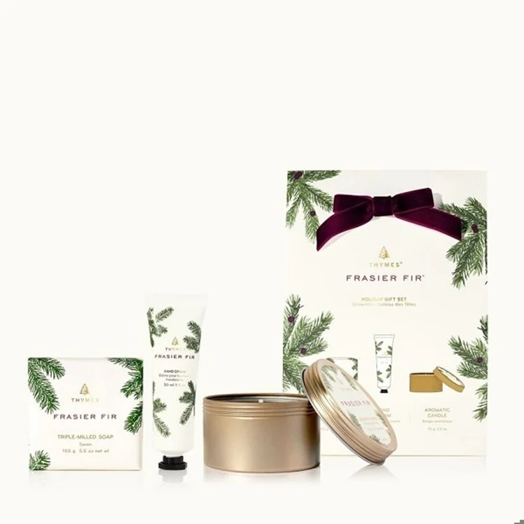 Frasier Fir holiday gift set with tin, lotion tube, triple-milled soap, and wrapped box