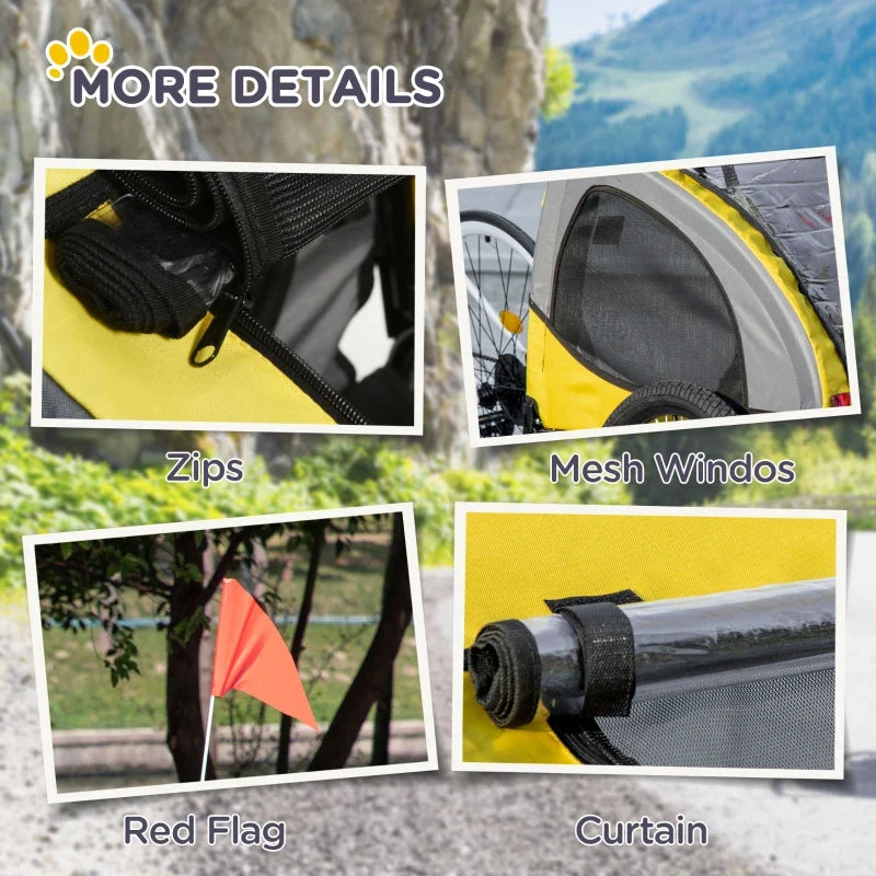 Yellow dog bike trailer features: zippers, mesh windows, red flag, and curtain