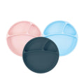 Three-piece baby portion-control plates in pink, blue, and dark