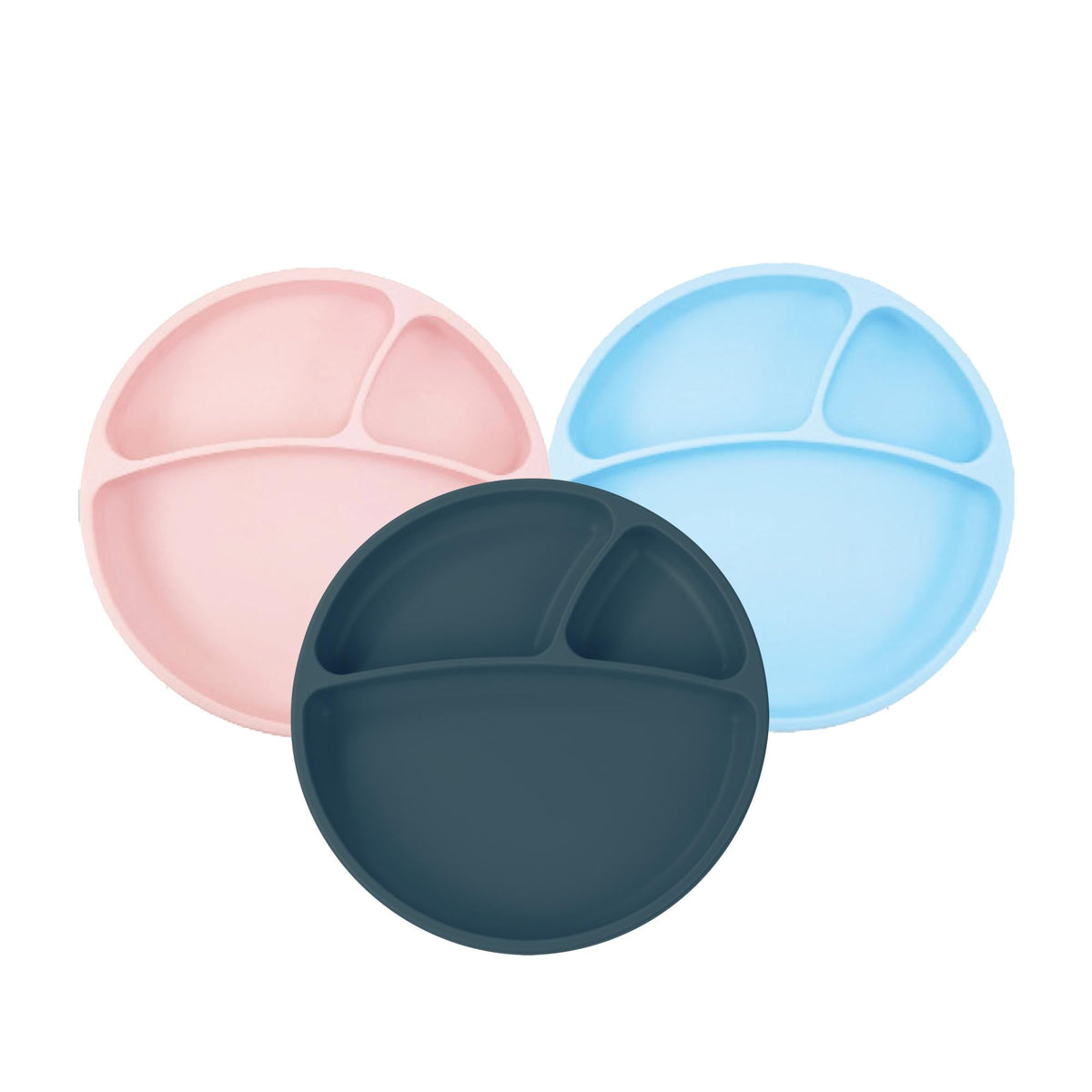 Three-piece baby portion-control plates in pink, blue, and dark