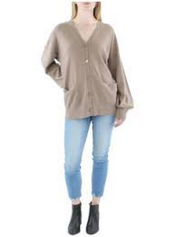 Women’s cashmere V-neck button cardigan, taupe/beige, long sleeves, size S