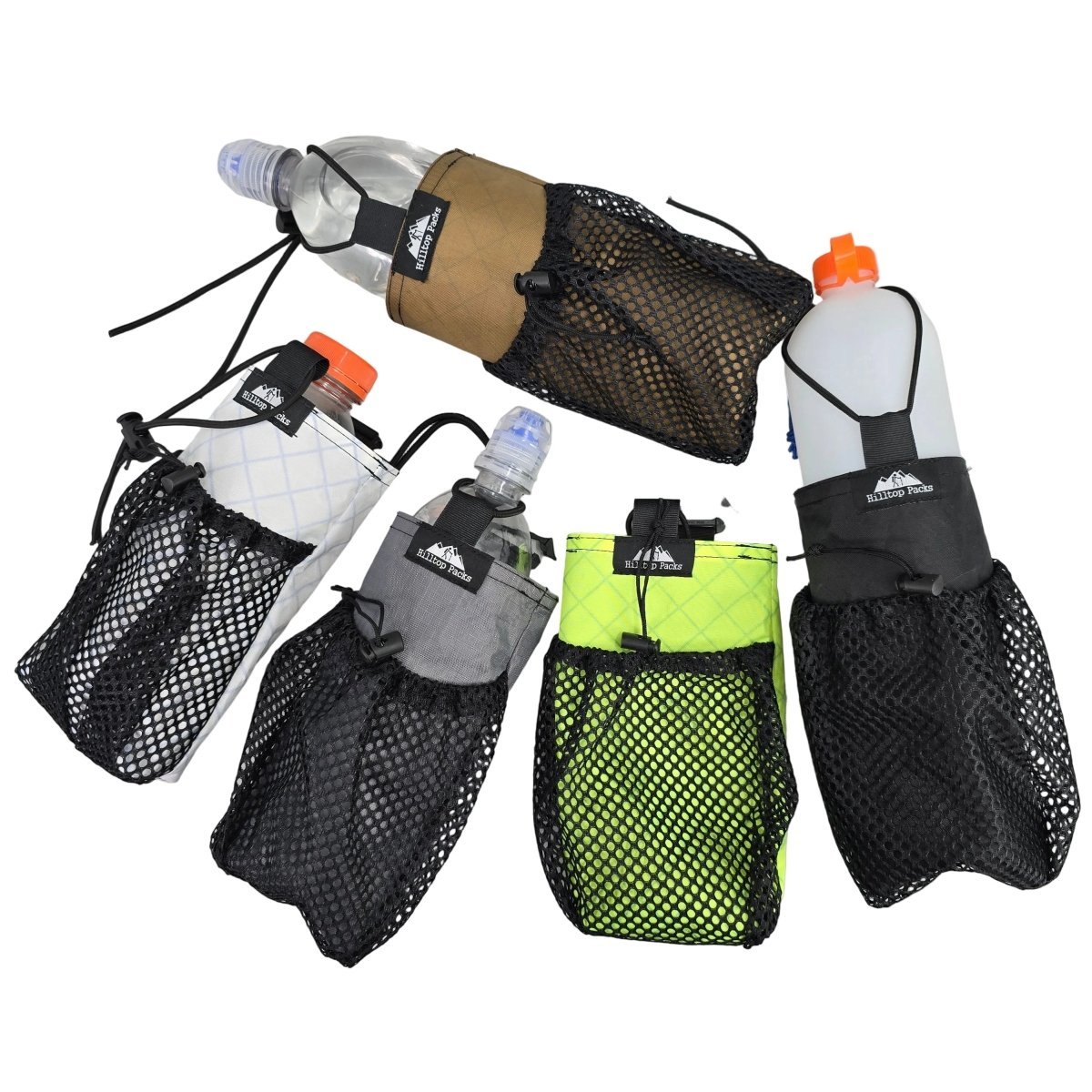 Ultralight water bottle pouch set with black mesh fronts in multiple colors