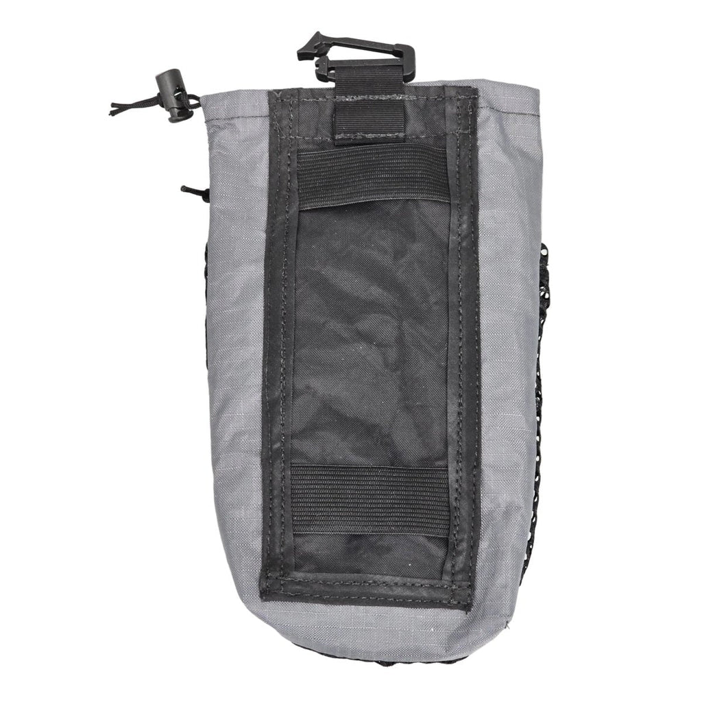 Ultralight water bottle pouch with gray fabric and dark mesh front label area