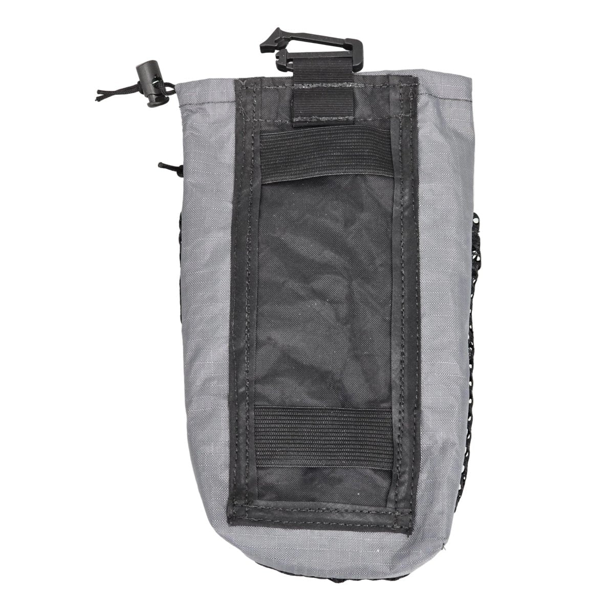 Ultralight water bottle pouch with gray fabric and dark mesh front label area