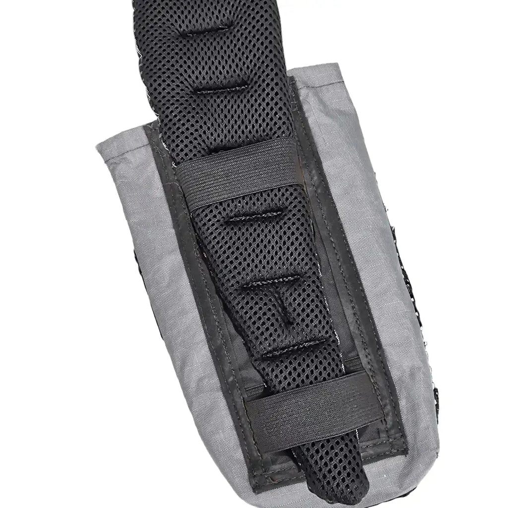 Ultralight bottle pouch close-up: gray body with black mesh strap compartment