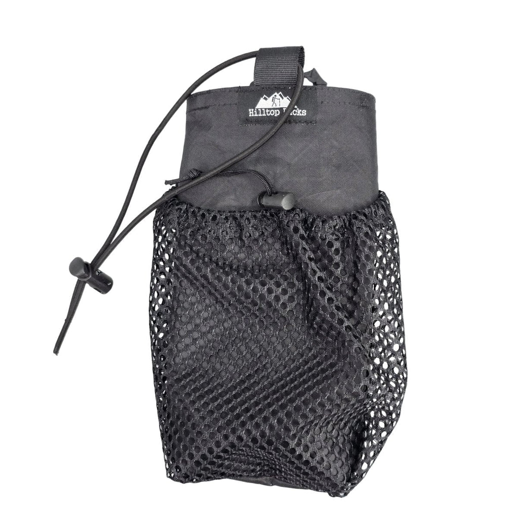 Ultralight water bottle pouch with gray fabric and black mesh front pocket