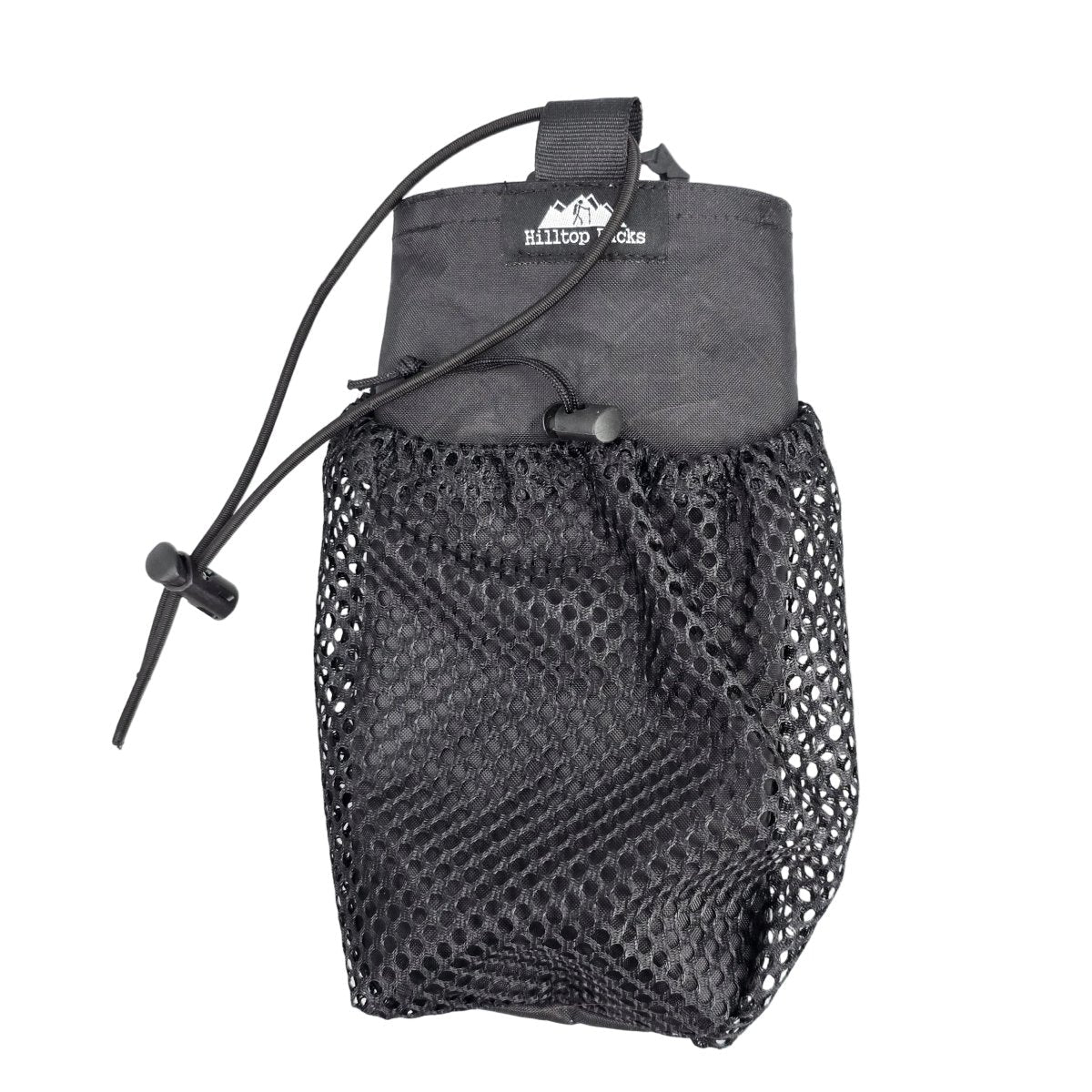 Ultralight water bottle pouch with gray fabric and black mesh front pocket