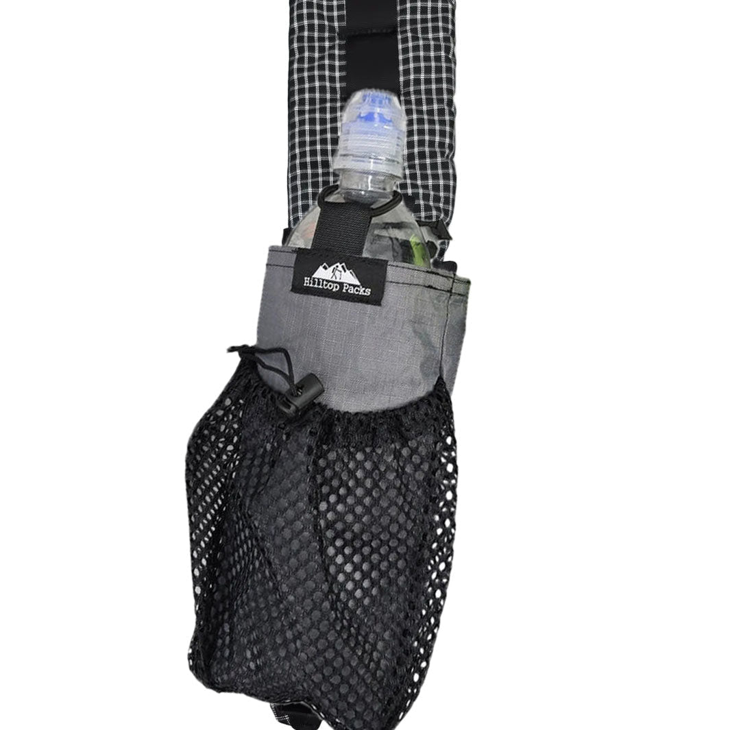 Black ultralight bottle pouch with mesh front pocket and shoulder strap mount