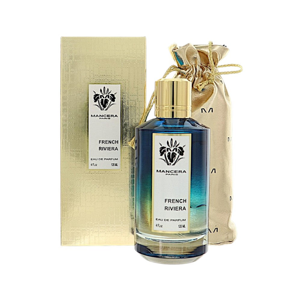 Mancera French Riviera Eau de Parfum spray bottle, gold cap with gift box and pouch