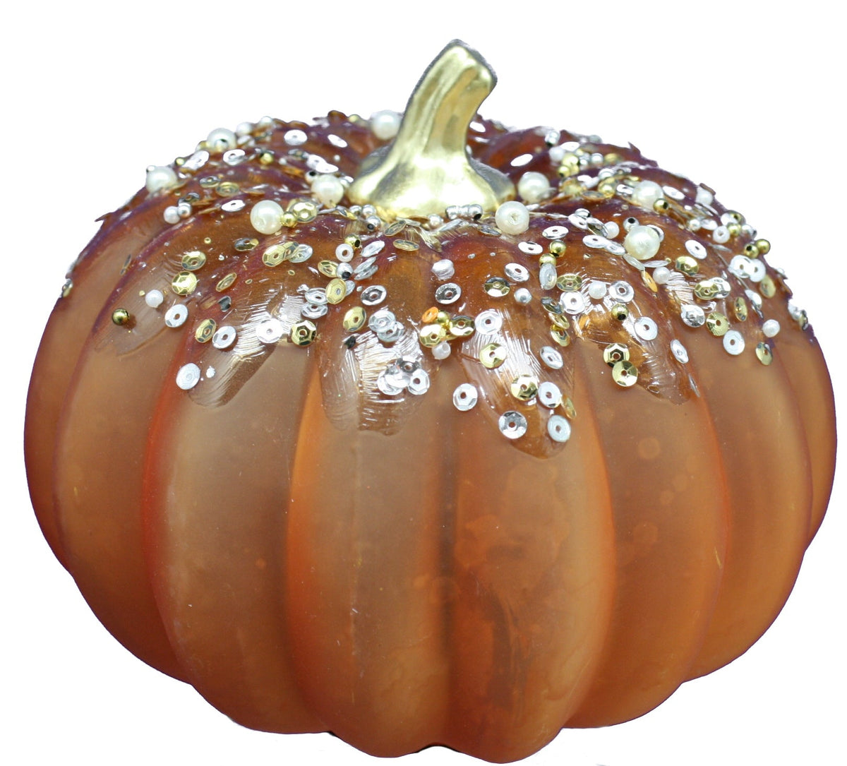 Handblown glass pumpkin in amber with gold stem and gem-like beaded accents