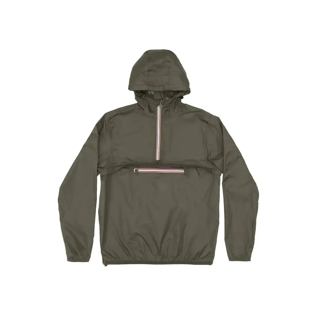 Dark olive packable rain jacket with attached hood and quarter-zip front