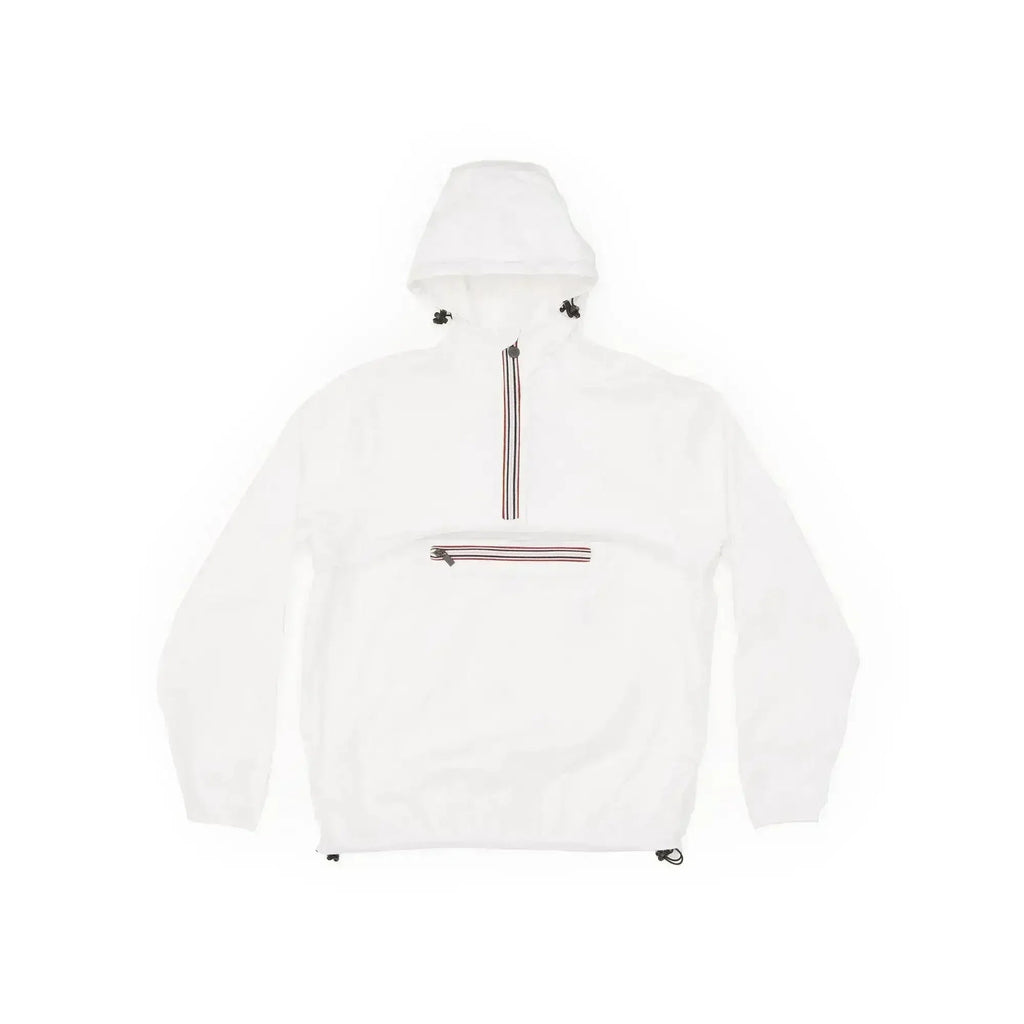 White hooded quarter-zip rain jacket front view with vertical zipper stripe