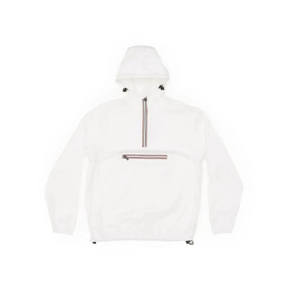 White hooded quarter-zip rain jacket front view with vertical zipper stripe