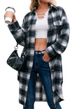 Blue plaid flannel shacket coat, oversized lapel collar with button-down front