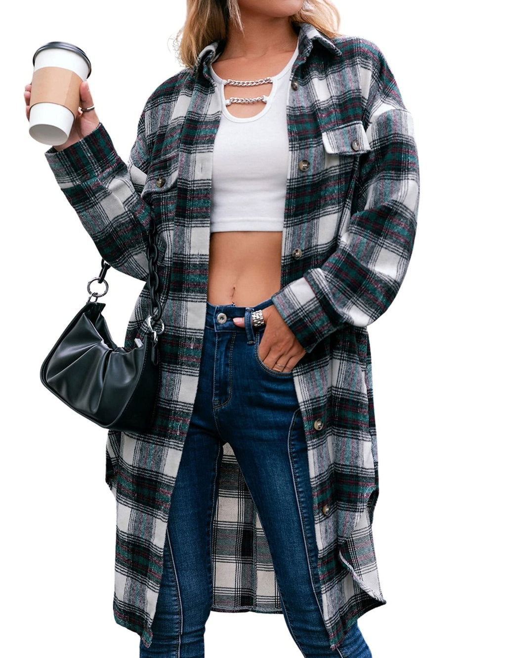 Teal and black plaid flannel shacket, long-sleeve button-front, lapel collar, womens