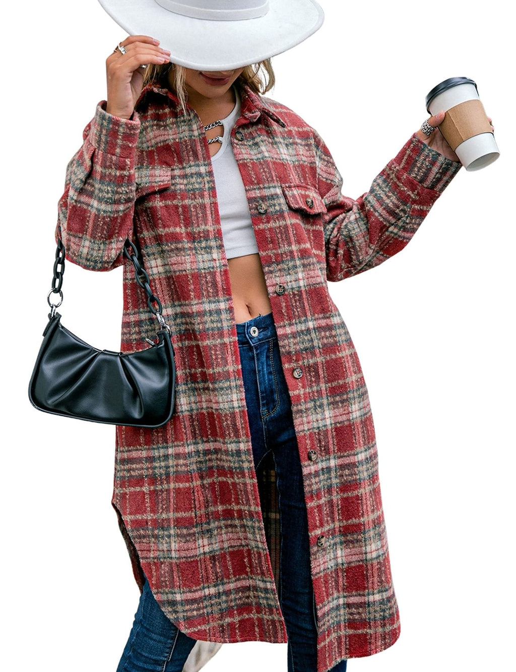 Red plaid flannel shacket, long sleeves, button-front, lapel collar, womens coat
