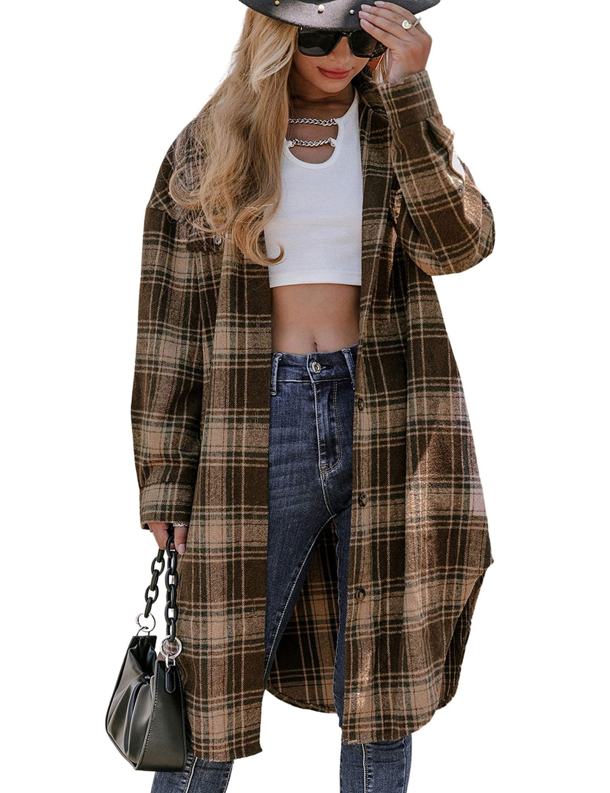 Brown and dark plaid flannel shacket coat with button front and lapel collar