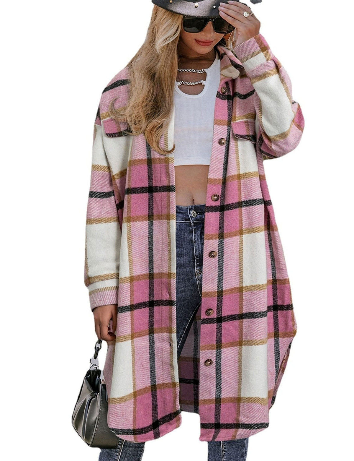 Pink plaid flannel shacket coat with chest buttons and draped long sleeves