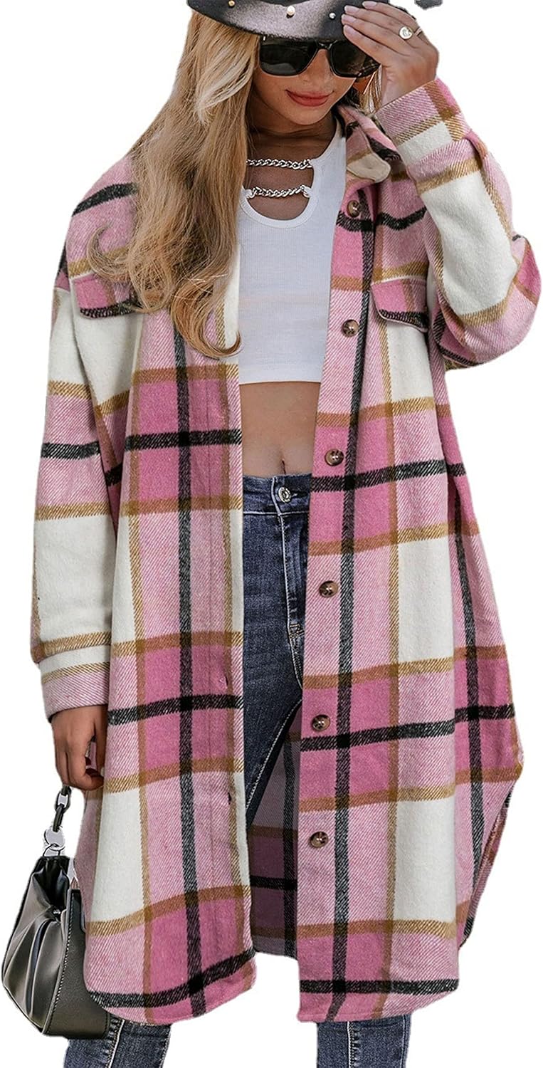 Pink plaid flannel shacket, long-sleeve button-front, lapel collar, womens coat