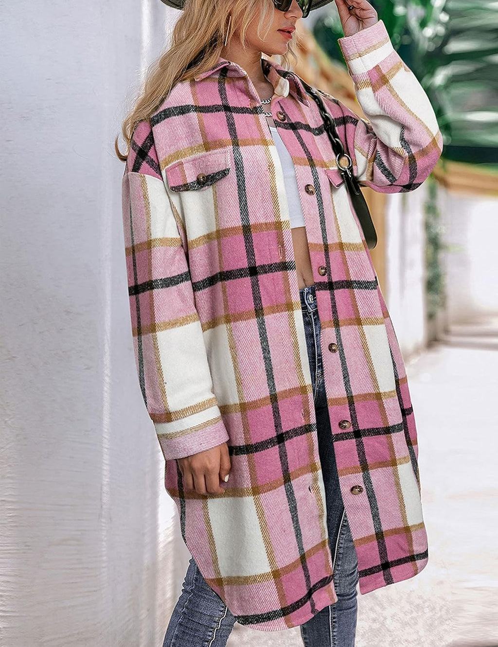 Pink plaid flannel shacket with lapel, button-front, long sleeves, womens long coat