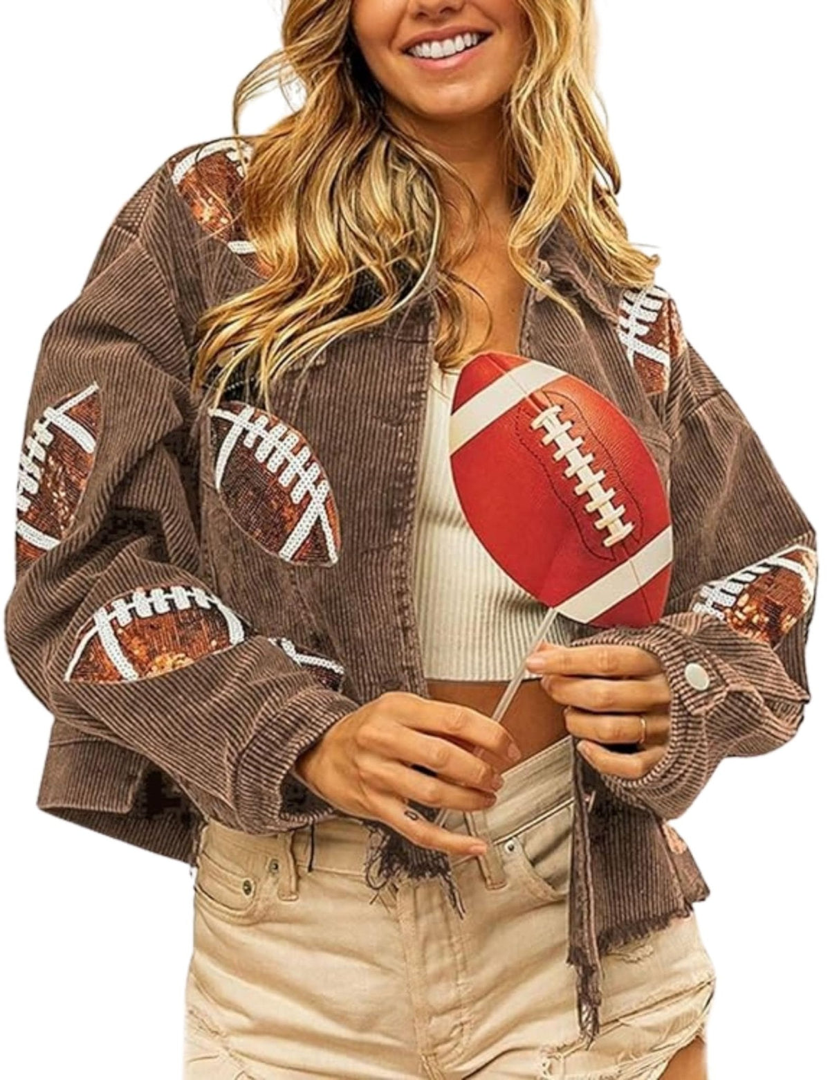 Brown cropped corduroy jacket with football patches and frayed hem, button front