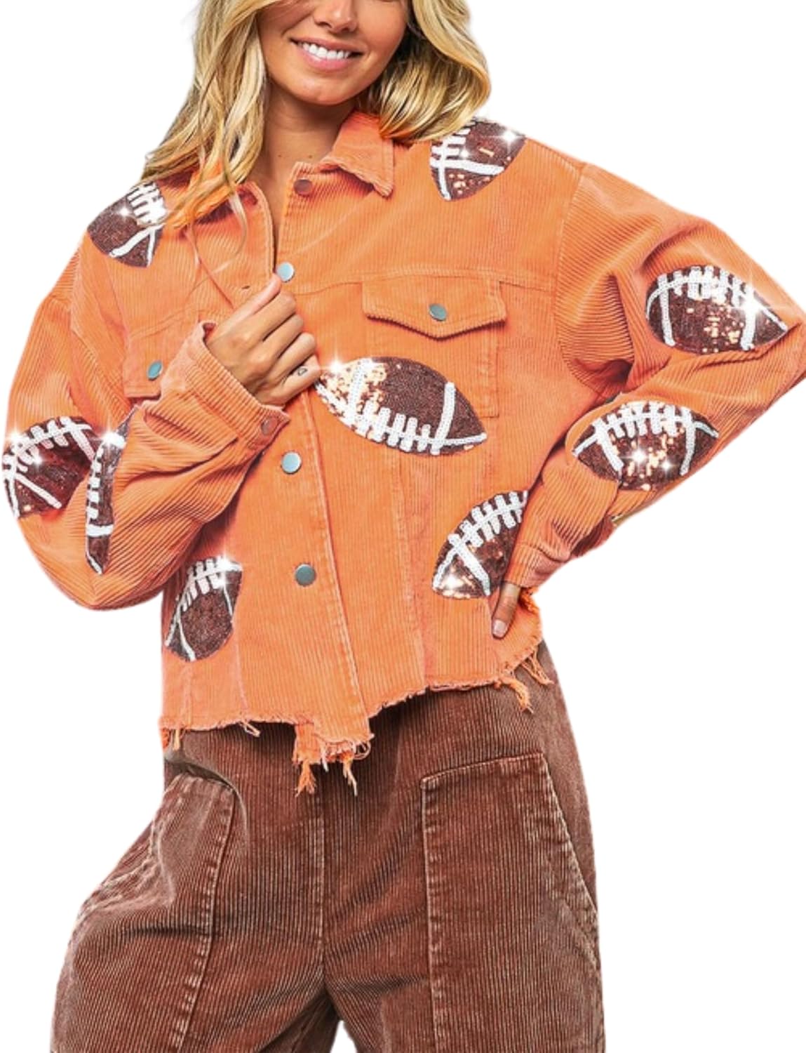 Orange cropped corduroy jacket with frayed hem and football sequin patches, snap front