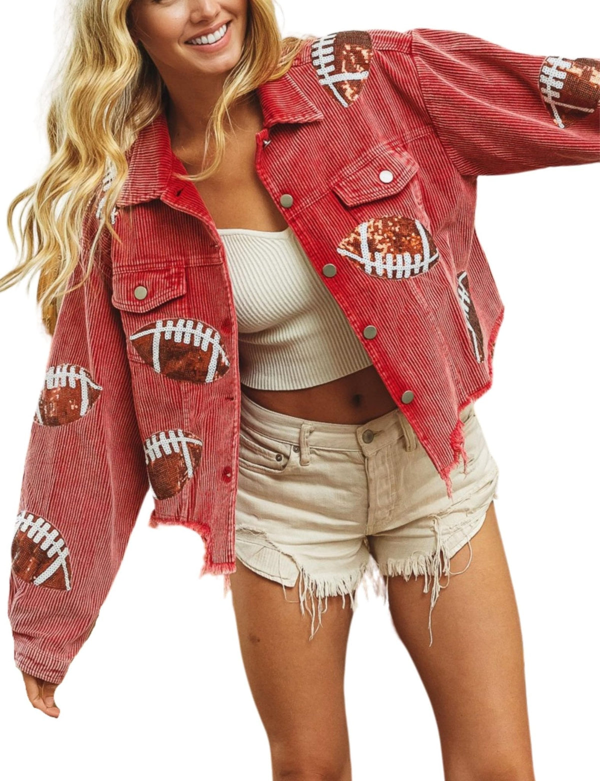 Red cropped corduroy jacket with football patches and frayed hem, snap-button closure